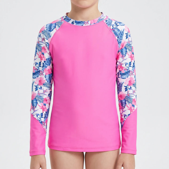 Girls' vibrant long-sleeve rash guard. Childrens swimwear with UPF sun protection for beach & pool.