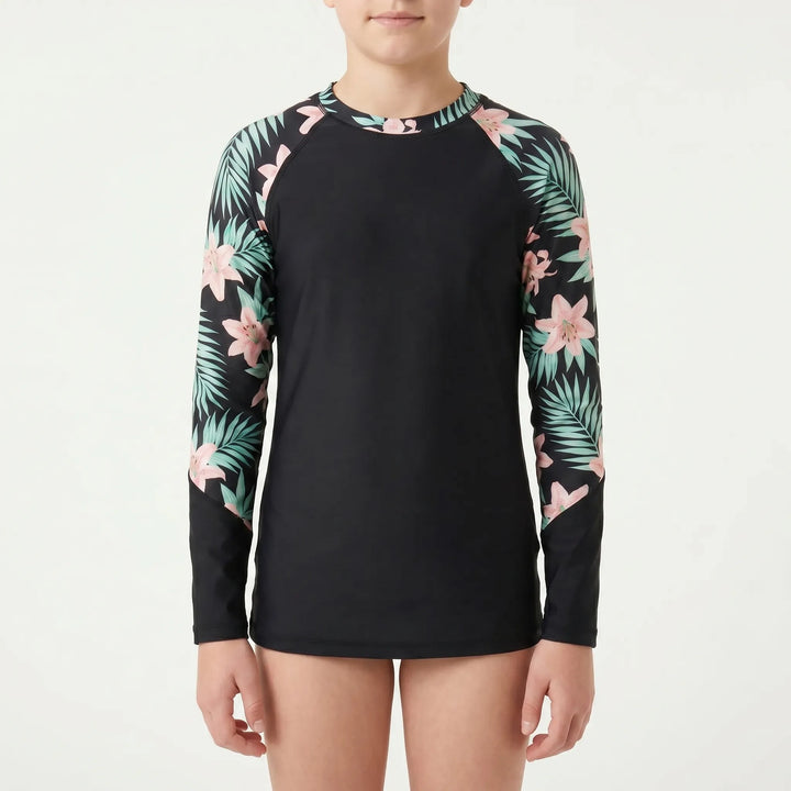 Comfortable long-sleeve rash guard for girls. Vibrant children's swim top for all-day sun protection.