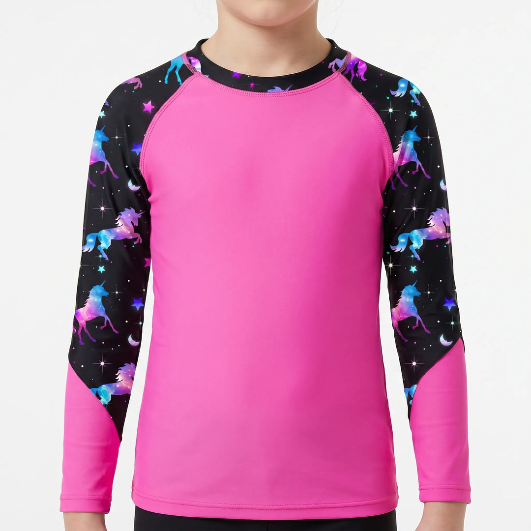Colorful long-sleeve rash guard for girls. Kids' sun protection swimwear, perfect beach or pool shirt.