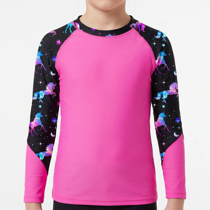 Colorful long-sleeve rash guard for girls. Kids' sun protection swimwear, perfect beach or pool shirt.