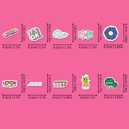 Assorted waterproof graffiti stickers on a white surface, ideal for aesthetic customization & creative projects