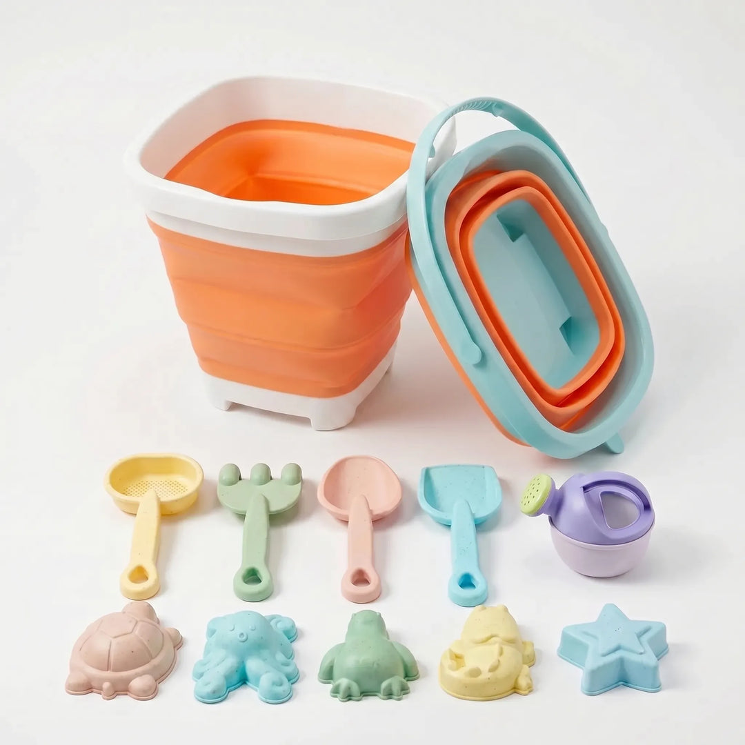 Complete kids' collapsible beach toy set: bucket, shovel, rake & sand molds for engaging outdoor sand play fun.