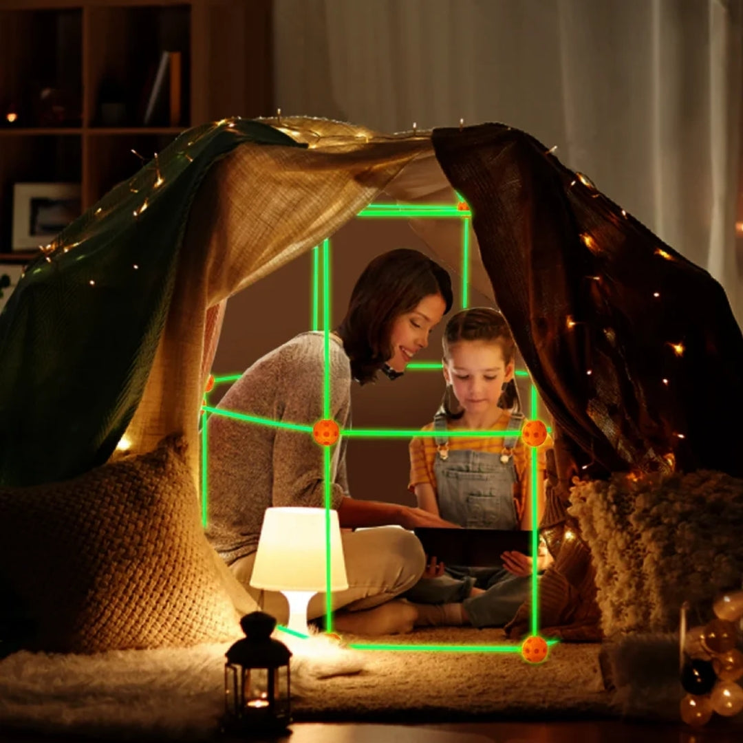 Kids' fort building set with colorful rods & spheres for creative construction & STEM learning fun.