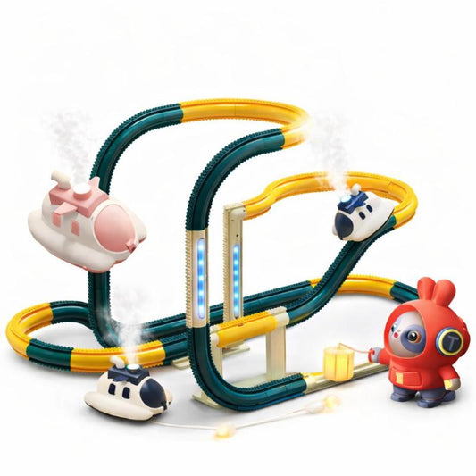 Vibrant kids' steam car track toy with a 360-degree flip rail for interactive, developmental play