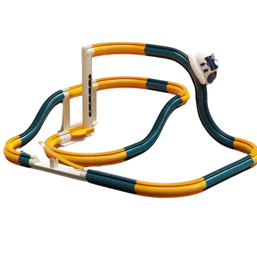 Kids' plastic steam car track toy featuring a dynamic 360-degree flip rail and interactive elements