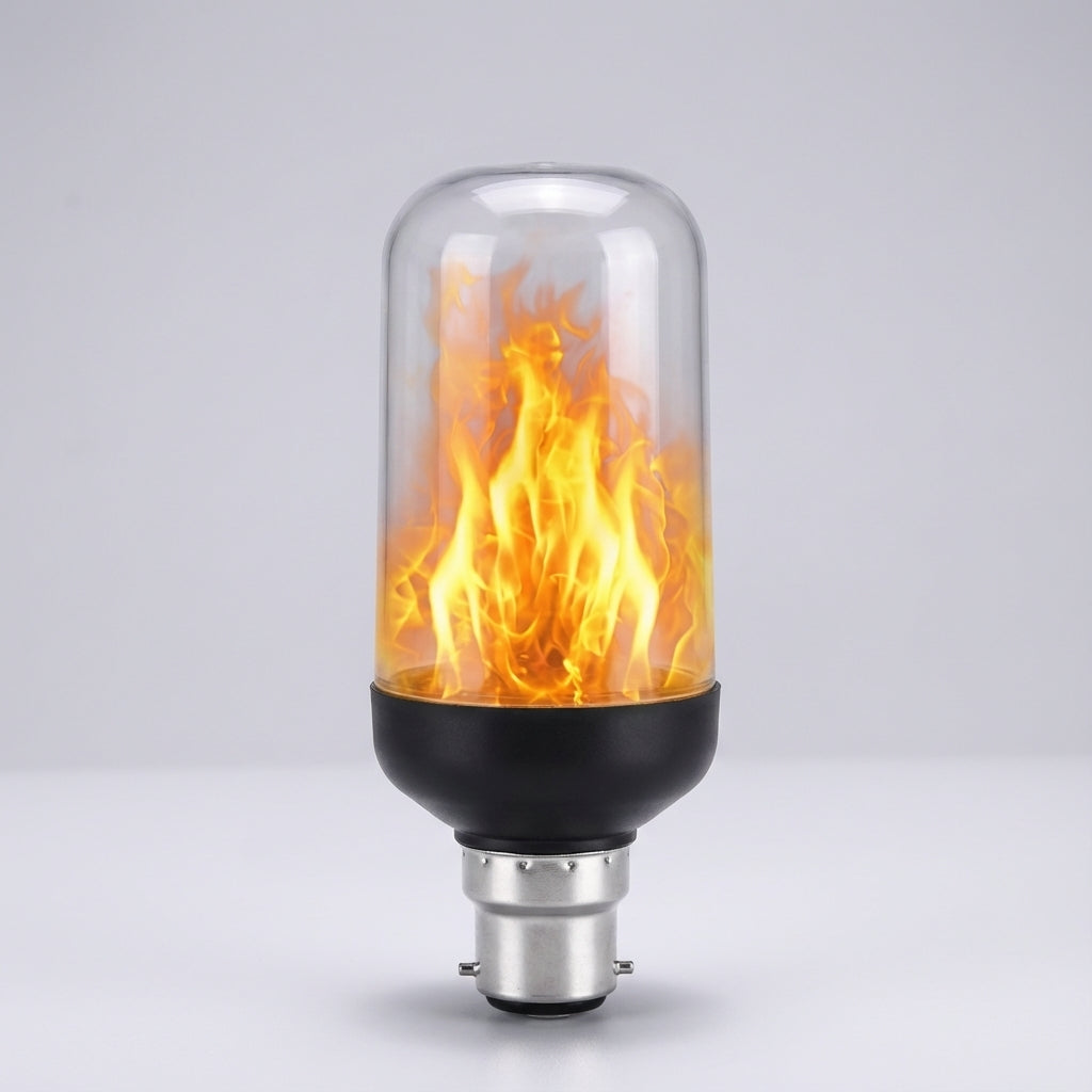 Close-up of Emberelle LED flame effect bulb, showcasing realistic flickering light and high-quality design.