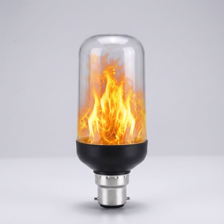 Close-up of Emberelle LED flame effect bulb, showcasing realistic flickering light and high-quality design.