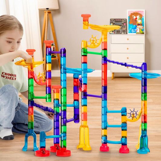 Vibrant marble run building set for kids, promoting STEM learning & creativity