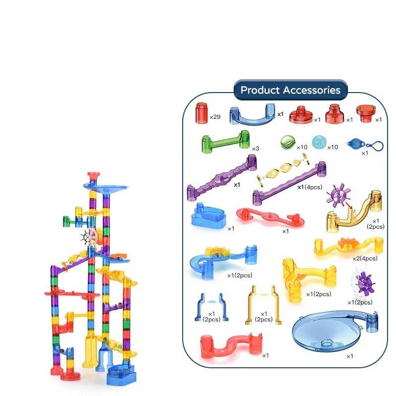 Box art of a kids' educational marble run track building set, highlighting STEM toy benefits