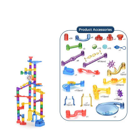 Box art of a kids' educational marble run track building set, highlighting STEM toy benefits