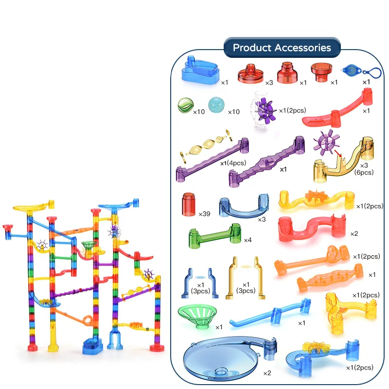 Different colored marbles and track components for customizable glow-in-the-dark marble run fun