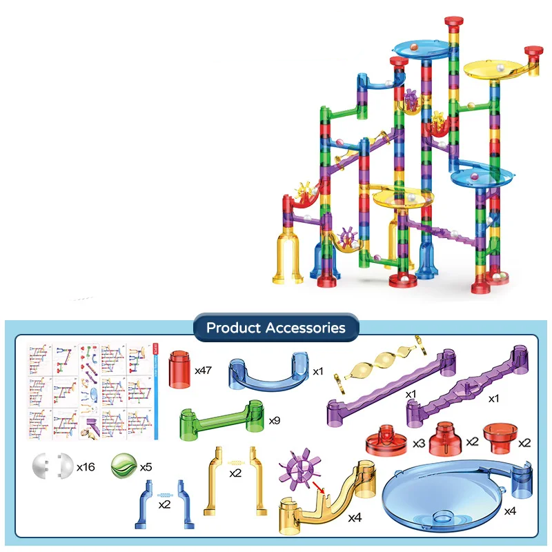 Close-up of a child assembling a colorful educational marble run track, enhancing problem-solving