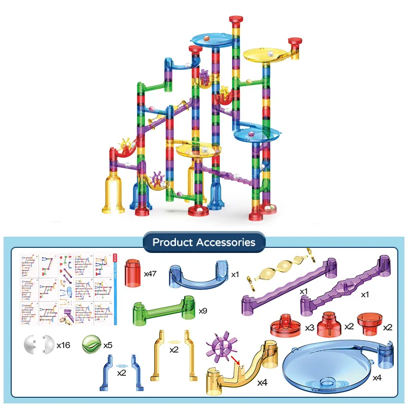 Glow-in-the-dark marble run construction toy with marbles, perfect for kids' creative play