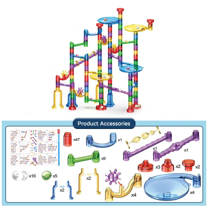Glow-in-the-dark marble run construction toy with marbles, perfect for kids' creative play