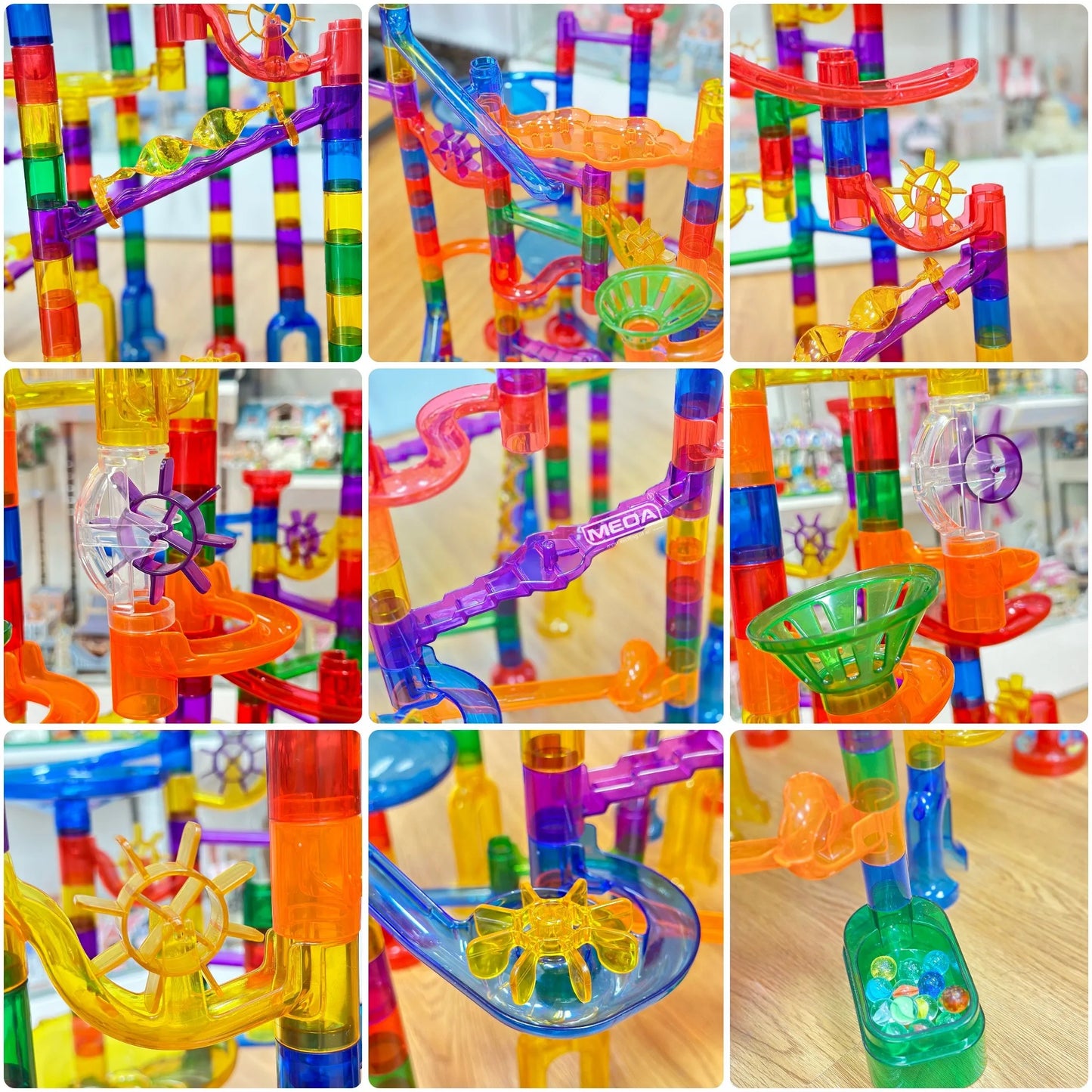Various track pieces and connectors from a STEM marble run kit, ideal for young builders