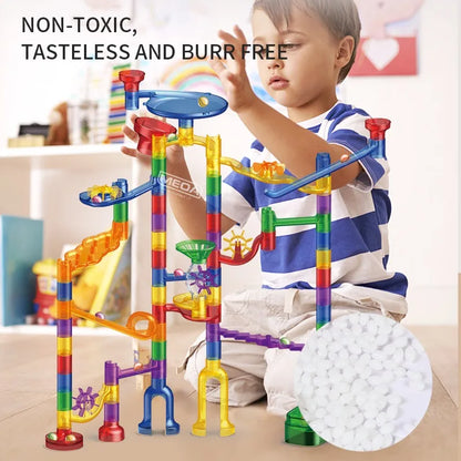 Overhead view of a complex, completed marble run track, showcasing an educational building set
