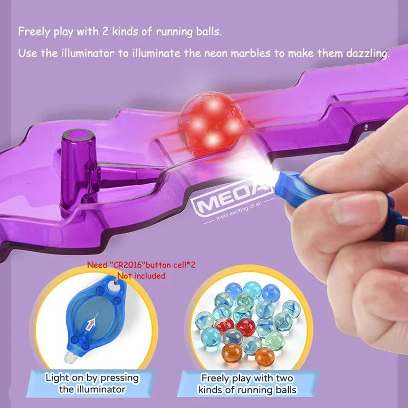 Detailed shot of a transparent glow-in-the-dark marble run piece, for engaging kids activity