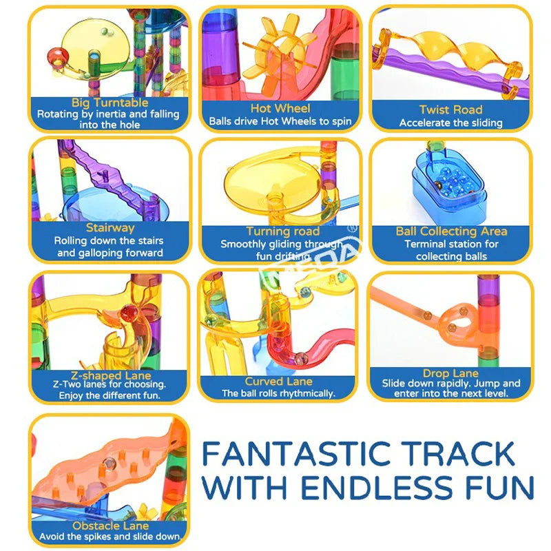 Family playing together with a marble run building set, fostering creative and educational play