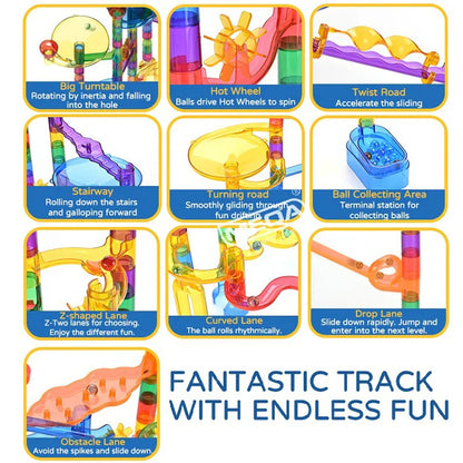 Family playing together with a marble run building set, fostering creative and educational play