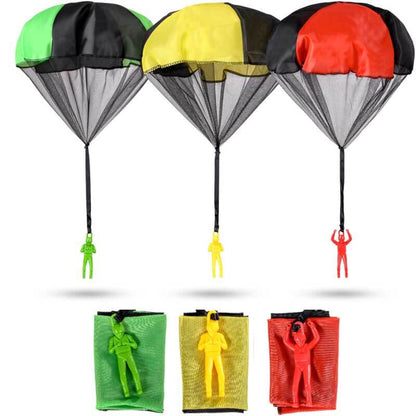 Group of happy children playing with a large, durable outdoor parachute toy on a sunny day