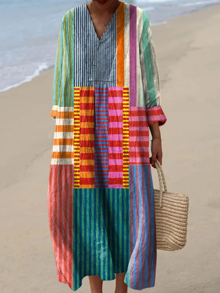 Vibrant patchwork maxi dress for women, featuring a flowy, elegant casual style. Perfect for summer bohemian looks.