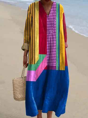 Colorful V-neck long sleeve patchwork maxi dress, ideal for women seeking a stylish plus size casual summer outfit.