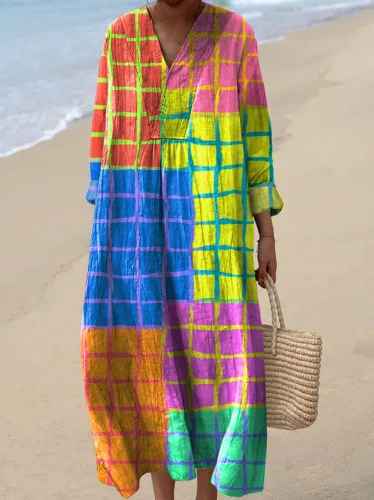 Flowy bohemian patchwork maxi dress, a vibrant statement piece for women's elegant casual and everyday wear.