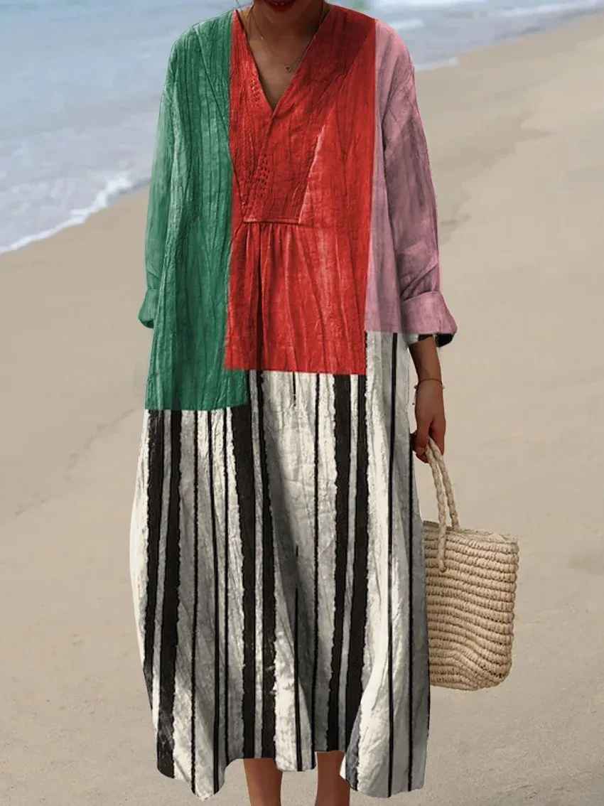 Women's vibrant patchwork maxi dress with long sleeves, a comfortable and elegant casual summer dress.