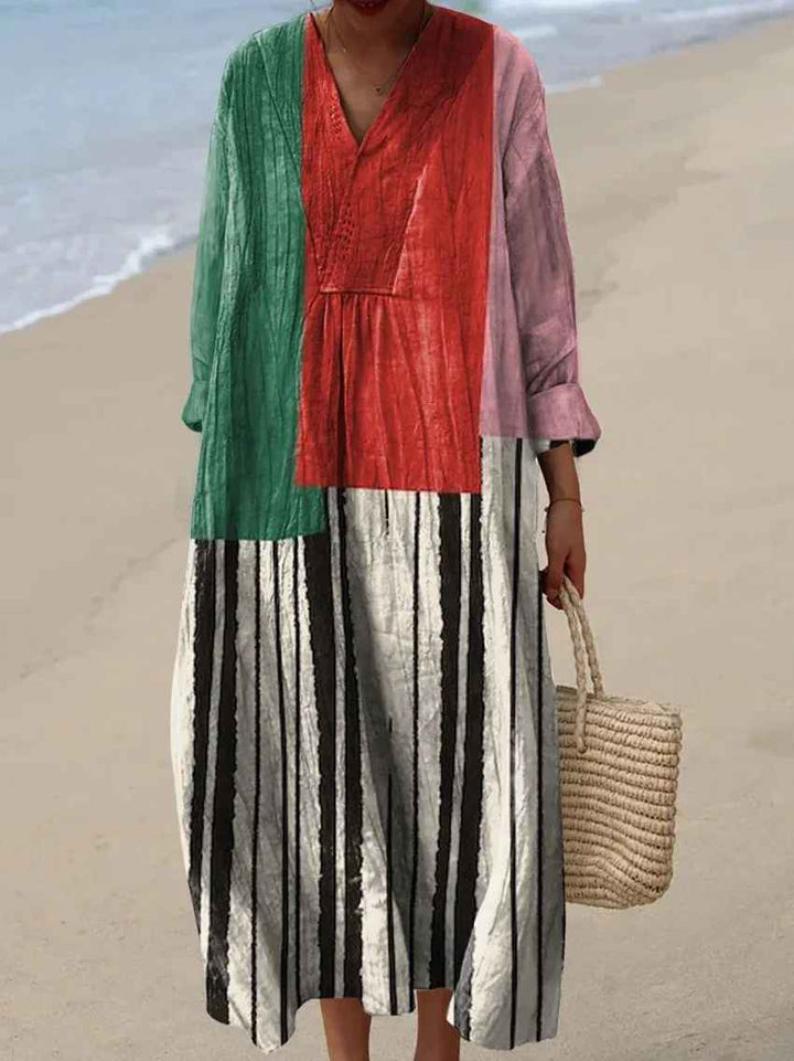 Women's vibrant patchwork maxi dress with long sleeves, a comfortable and elegant casual summer dress.