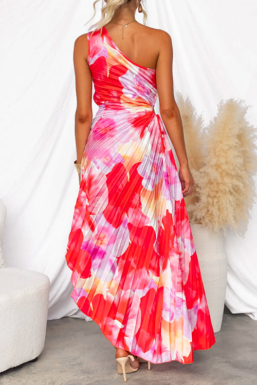 Wedding guest vibrant printed gown, one shoulder, asymmetric hem, elegant formal party dress for women.