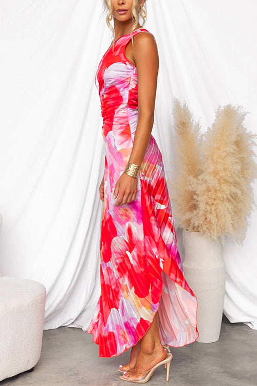 Stylish women's vibrant printed asymmetric hem gown, a chic one-shoulder cocktail or summer party dress.