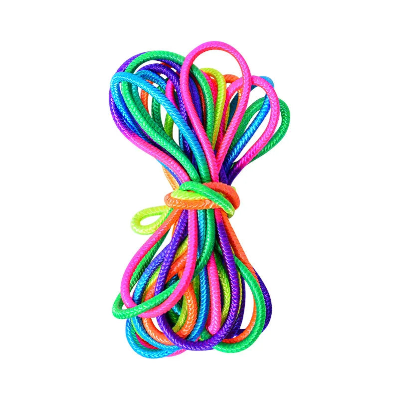 Bright rainbow skipping rope for children, promoting active outdoor play and coordination skills