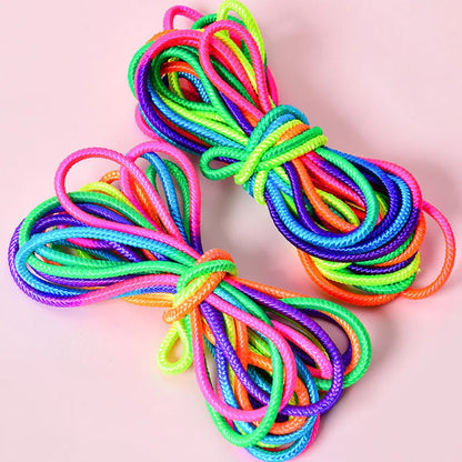 Full view of a rainbow jump rope, excellent sports toy for children's outdoor fitness and recreation