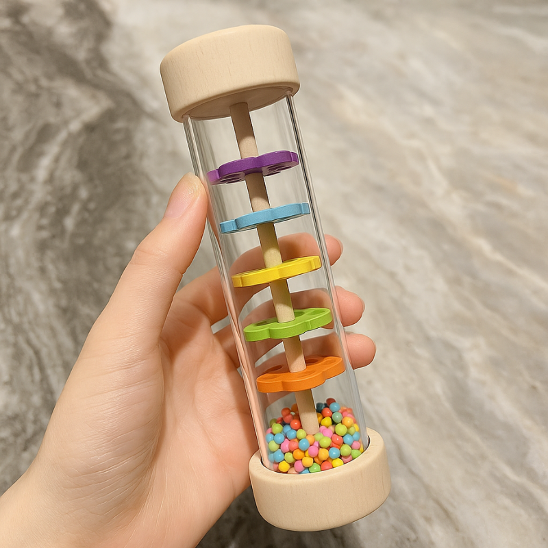 Vibrant rainbow wooden rainmaker rattle sensory toy for infants and toddlers to develop motor skills.