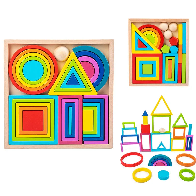Vibrant rainbow wooden stacking blocks educational toy promoting creative play and balance for kids.