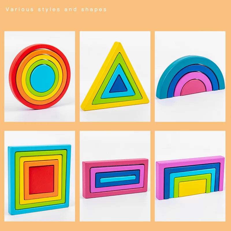 Montessori-inspired wooden rainbow stacking blocks for early learning and developing fine motor skills.