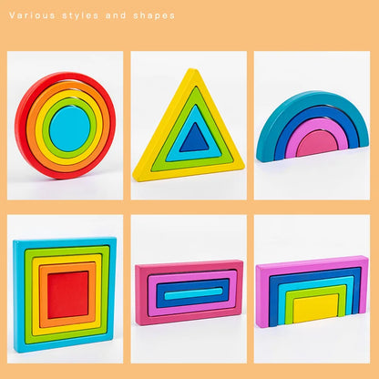 Montessori-inspired wooden rainbow stacking blocks for early learning and developing fine motor skills.