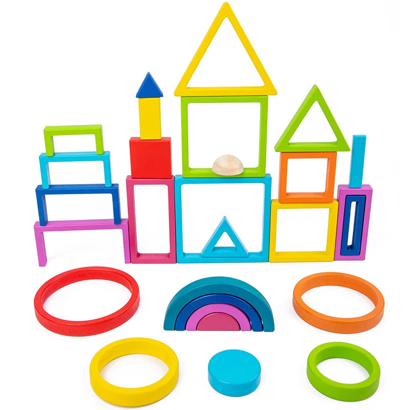 Colorful wooden building blocks set, a rainbow toy perfect for toddler's educational stacking and learning.