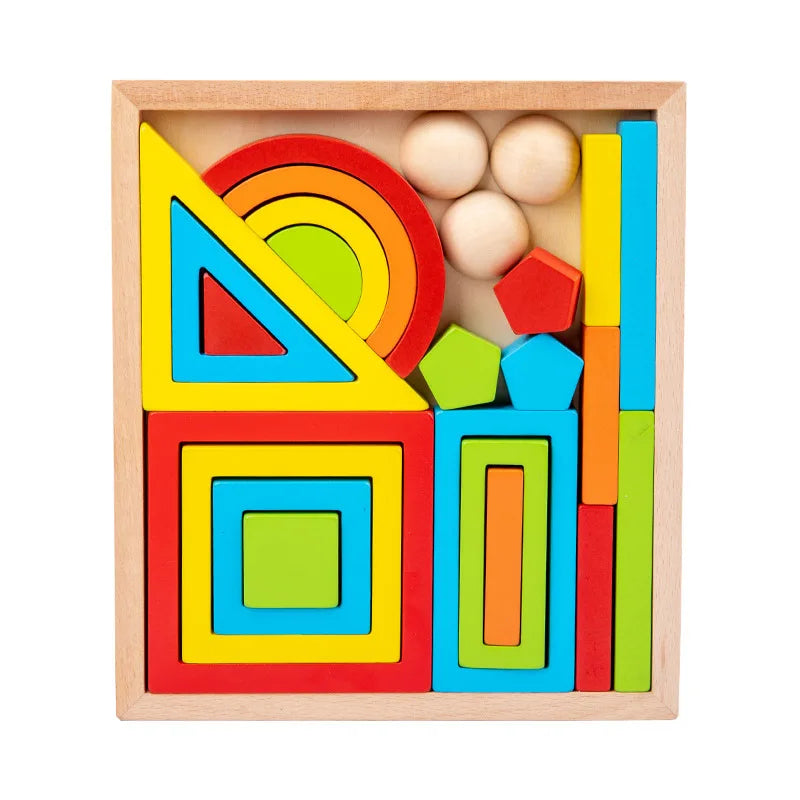 Close-up of a child stacking rainbow wooden blocks, an ideal learning toy and kids gift.