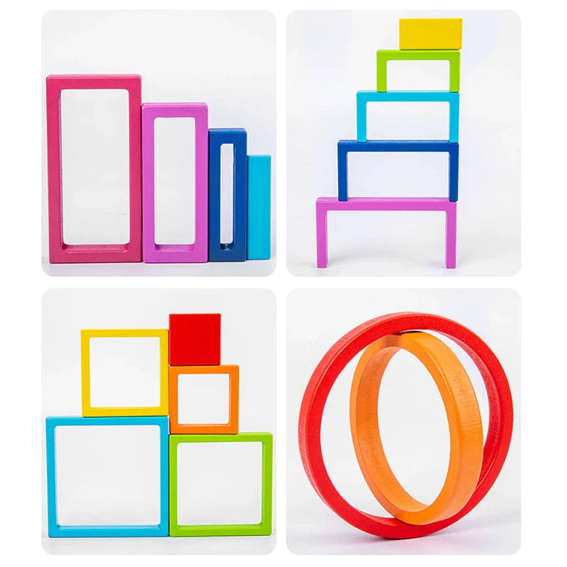 Beautifully crafted wooden rainbow building blocks, an educational toy encouraging creative play.