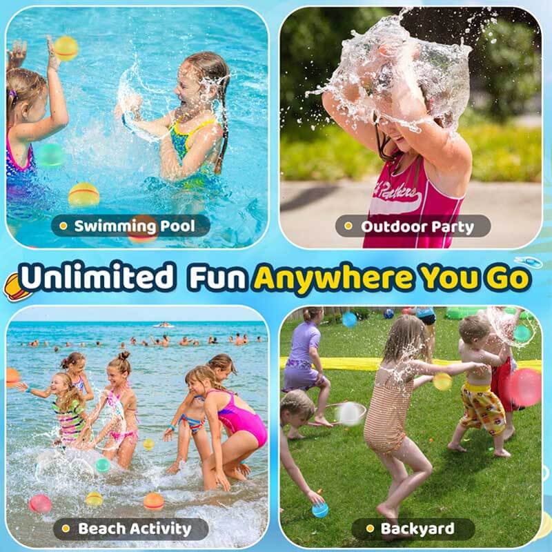 Kids laughing while playing with colorful magnetic water balloons, perfect for summer pool games.