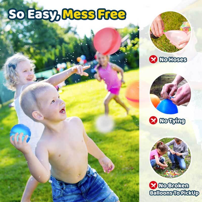 Group of children enjoying a water fight with innovative reusable magnetic water balloons in a park.