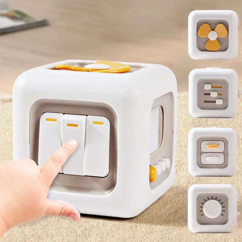Vibrant sensory activity cube for toddlers, promoting fine motor skills with various textures and shapes.