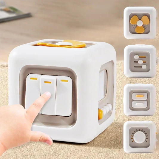 Vibrant sensory activity cube for toddlers, promoting fine motor skills with various textures and shapes.