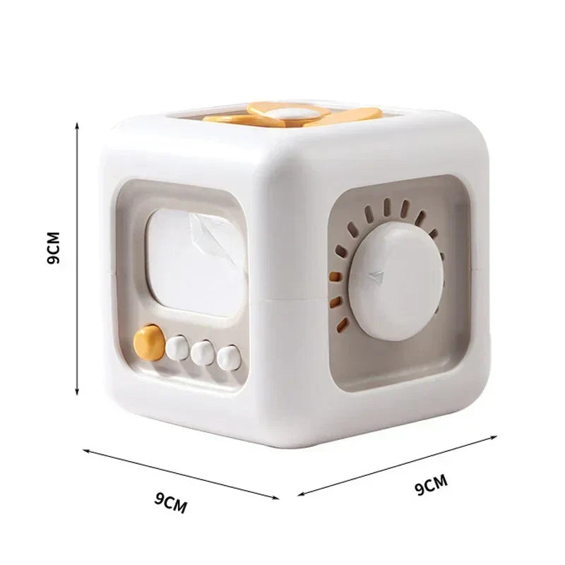 Brightly colored sensory activity cube toy, designed for young children to develop cognitive and motor skills.