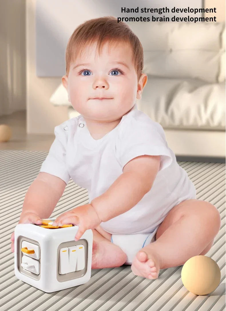 Kids' educational activity cube with multiple interactive sides, perfect for sensory play and early learning.