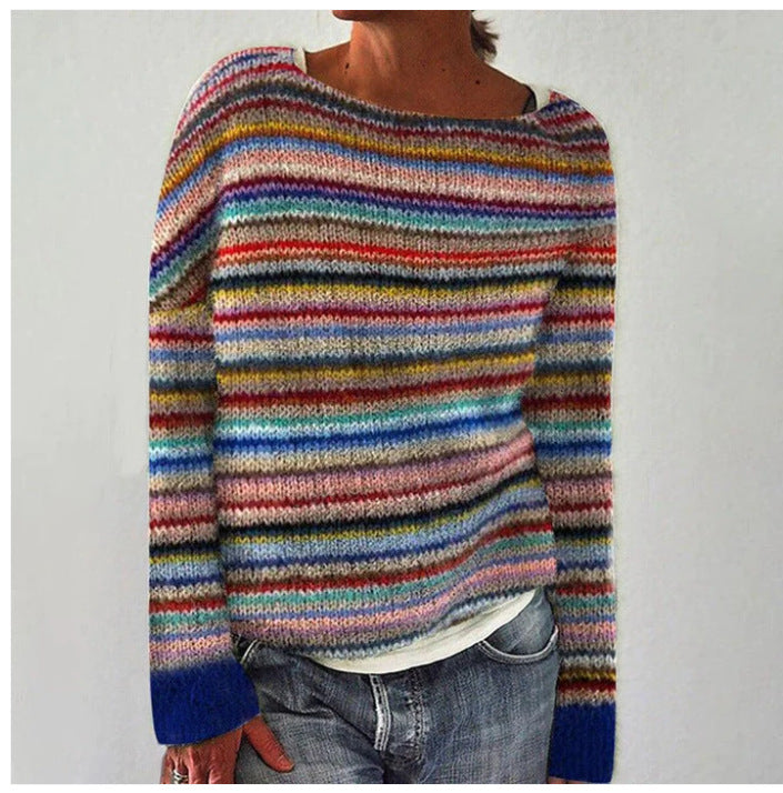 Vibrant striped women's pullover sweater, loose fit, round neck. Cozy and comfortable for autumn & winter casual style.