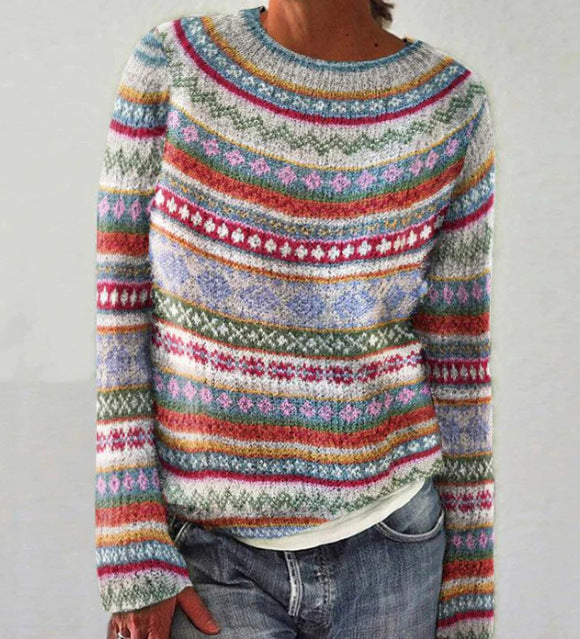 Cozy women's striped pullover sweater, vibrant colors, loose fit. Perfect for comfortable autumn & winter casual fashion.