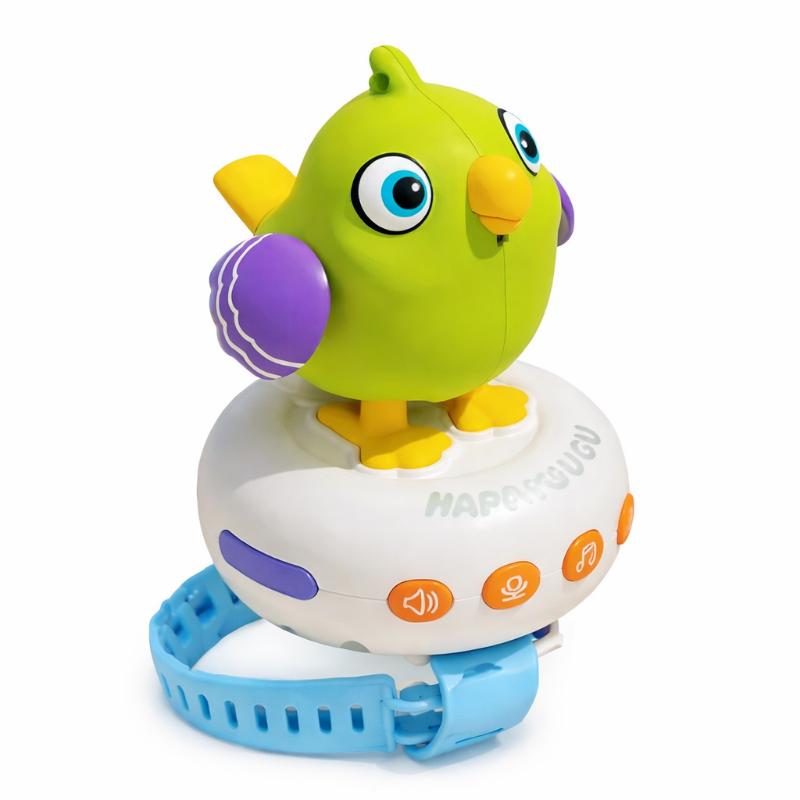 Close-up of a bright, educational talking bird smartwatch toy designed for young kids' interactive play.