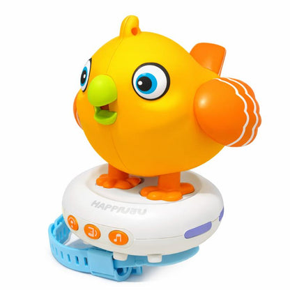 Child's hand holding a charming portable bird smartwatch toy, perfect for ages 3-5, enhancing language skills.